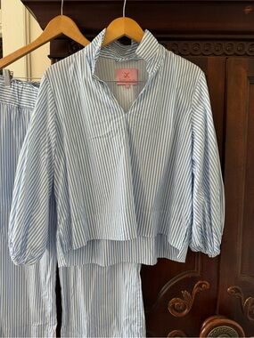 Quiet culture Take Pause set in blue and white striped poplin size large